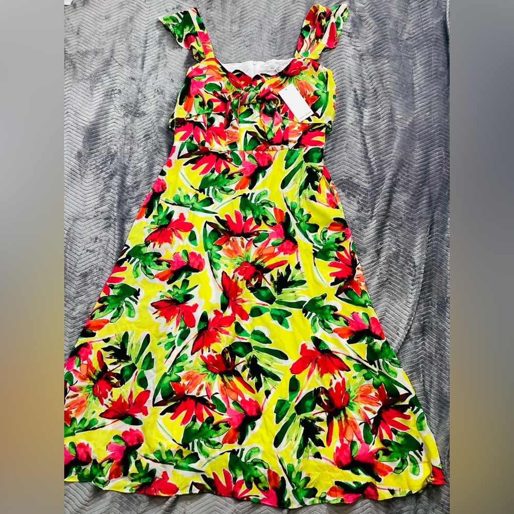 NWT Julia Jordan Ruffle Bright Floral Midi Dress Yellow Green Pink 14.